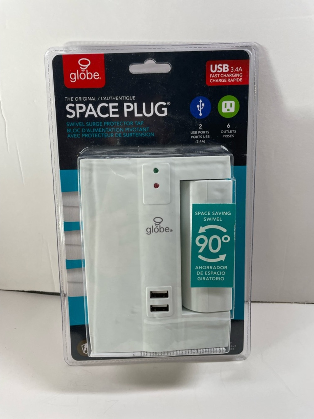Globe Space Plug Surge Protector Tap - White and Red Accents